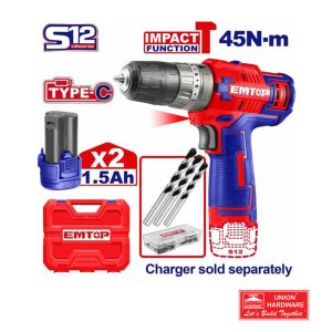 EMTOP CORDELESS IMPACT DRILL 10MM 12V 45
