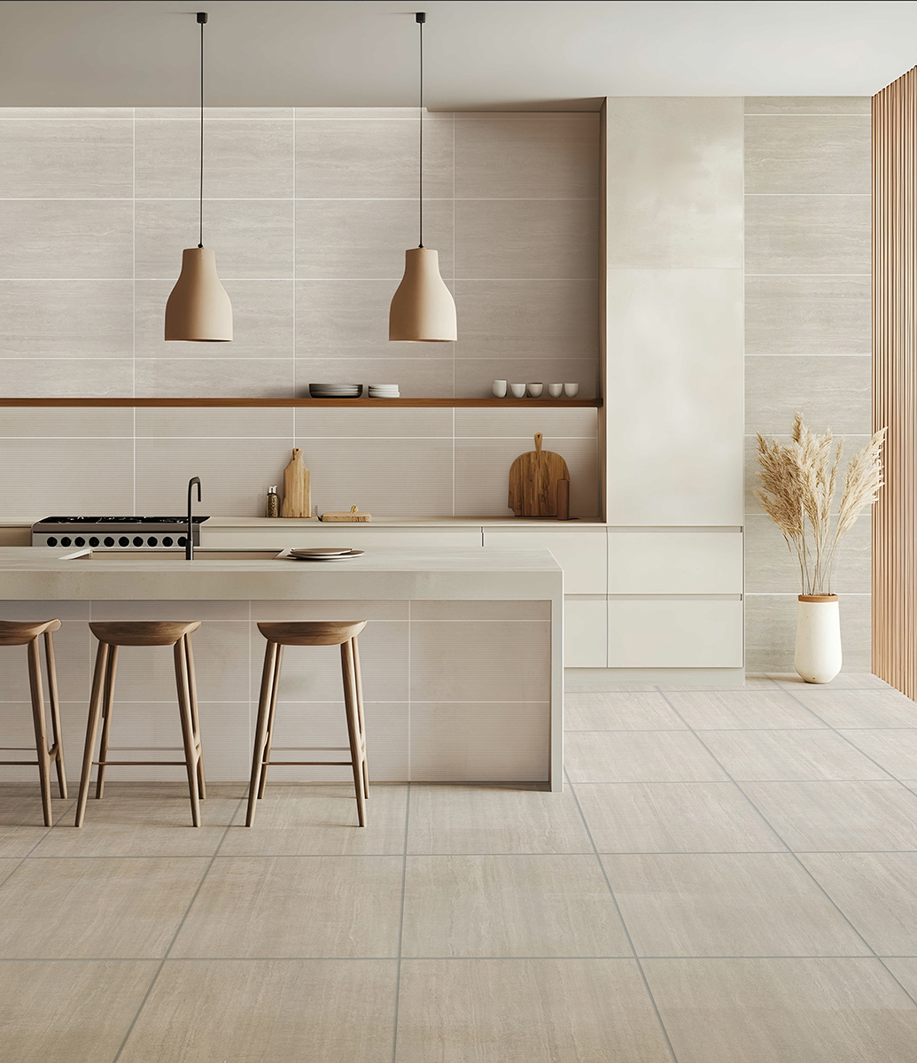 creat a serene and minimalit kitchen Use light ceramic Incorpora
