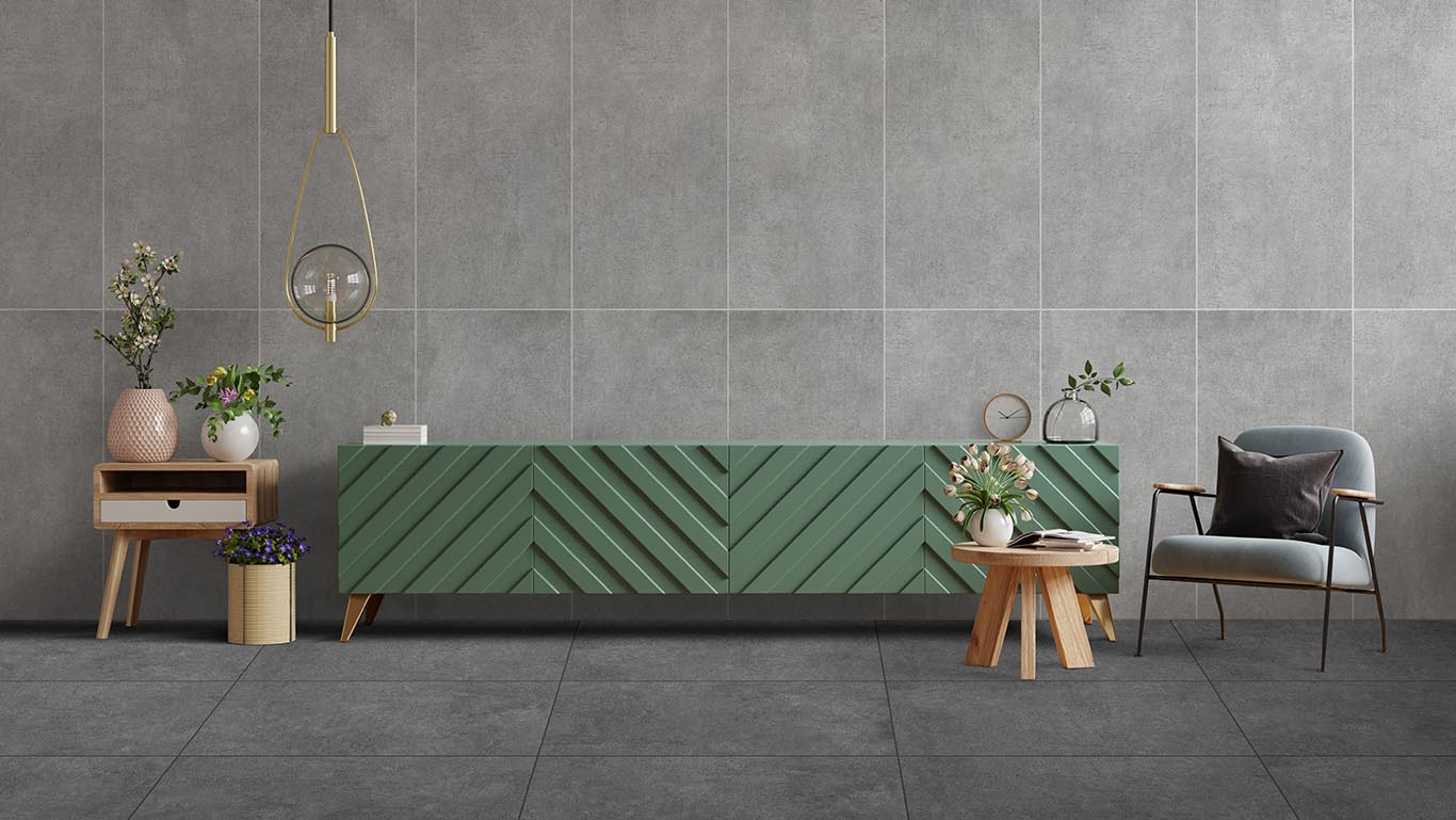 Cabinet TV in modern living room with armchair and plant on concrete wall background.